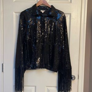 BIBI black sequin fringe jacket L 🖤 NWOT